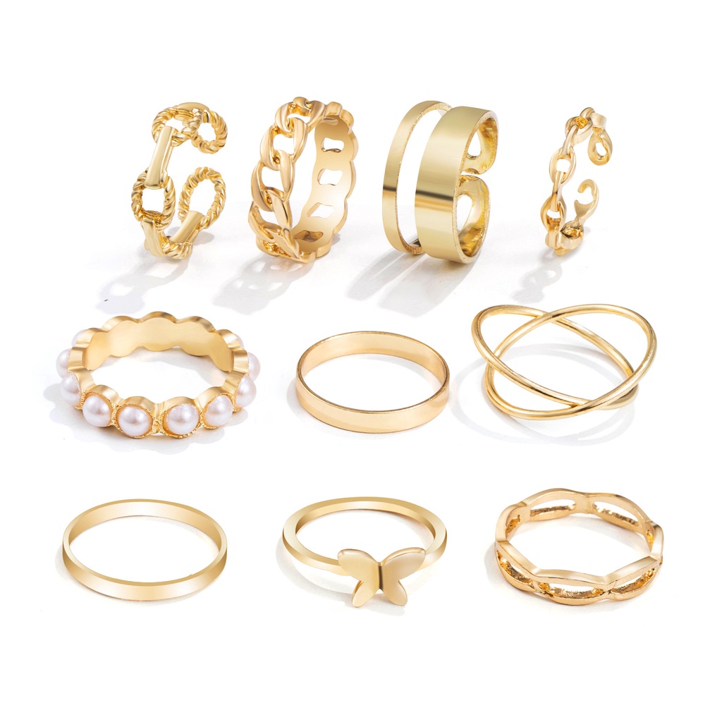 Butterfly 10 Pcs Cincin Adjustable Desain Kupu-Kupu Aksen Mutiara Untuk Wanita