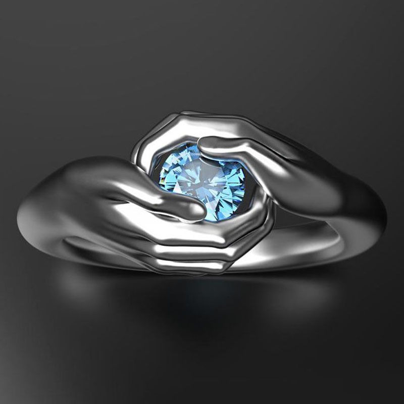 Cincin Desain Sapphire Bibir Aksen Zircon Biru Bahan Metal Warna Silver Gaya Hip Hop Untuk Wanita