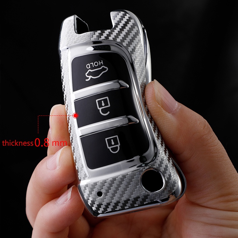 Casing Kunci Mobil Model Flip Bahan Carbon Fiber TPU Untuk Hyundai Elantra Solaris Tucson i30 i35 i40 KONA Genesis Santa Fe Azera