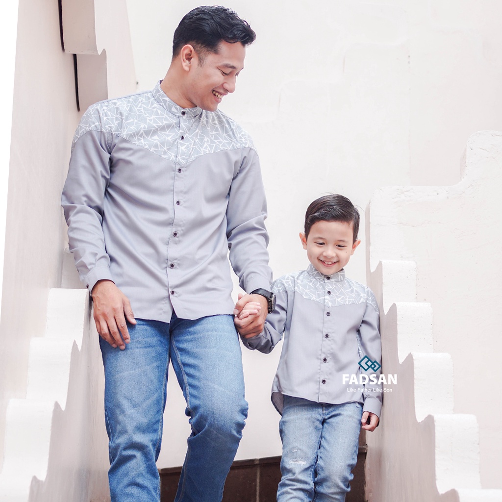 KOKO COUPLE AYAH DAN ANAK LAKI LAKI WARNA ABU LENGAN PANJANG BAJU KERJA KOKO BATIK