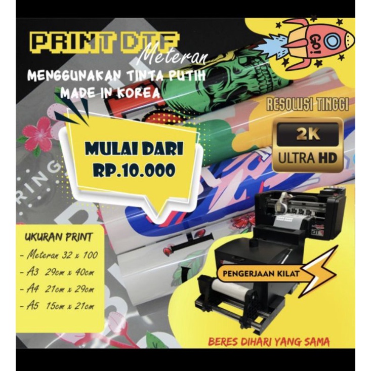 CETAK SABLON DTF METERAN MAKLOON lebar 60cm - WARNA TAJAM PUTIH PEKAT - MAKLON SABLON KAOS