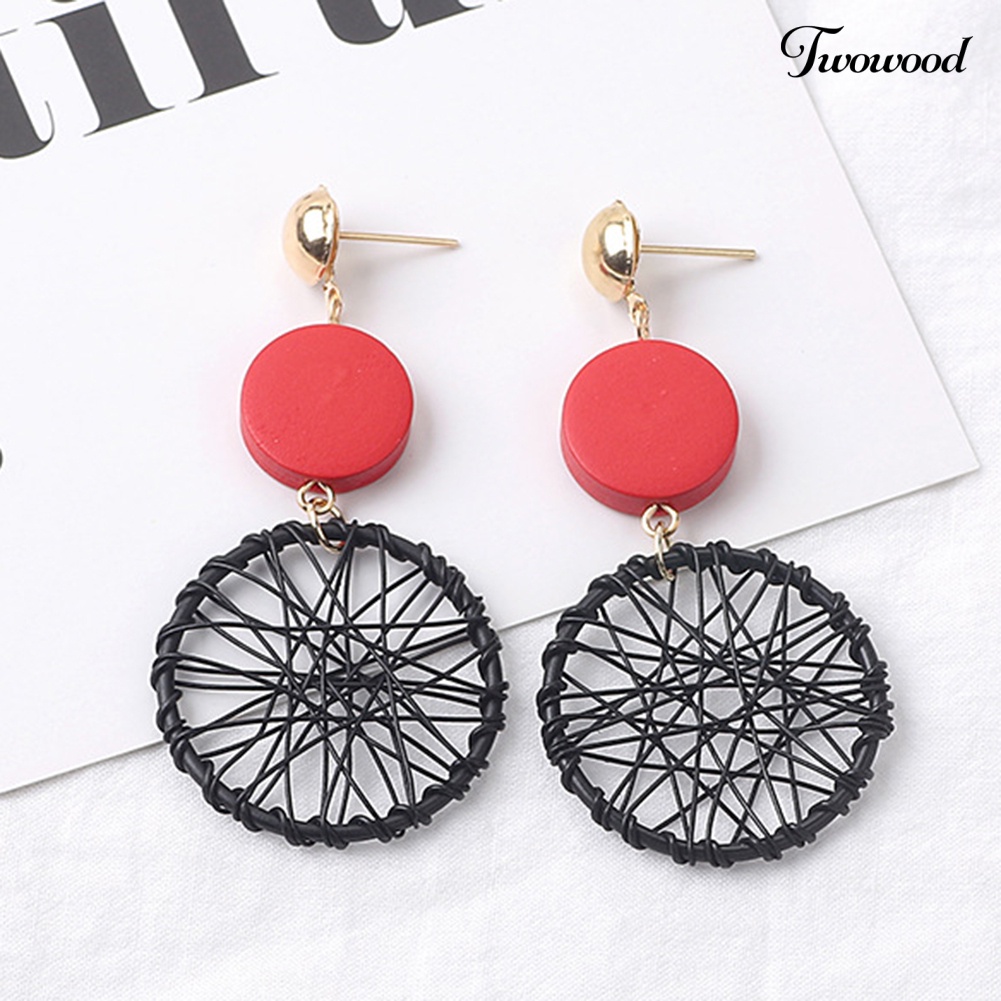 Anting Stud Bentuk Bulat Bahan Kayu Gaya Vintage Untuk Wanita