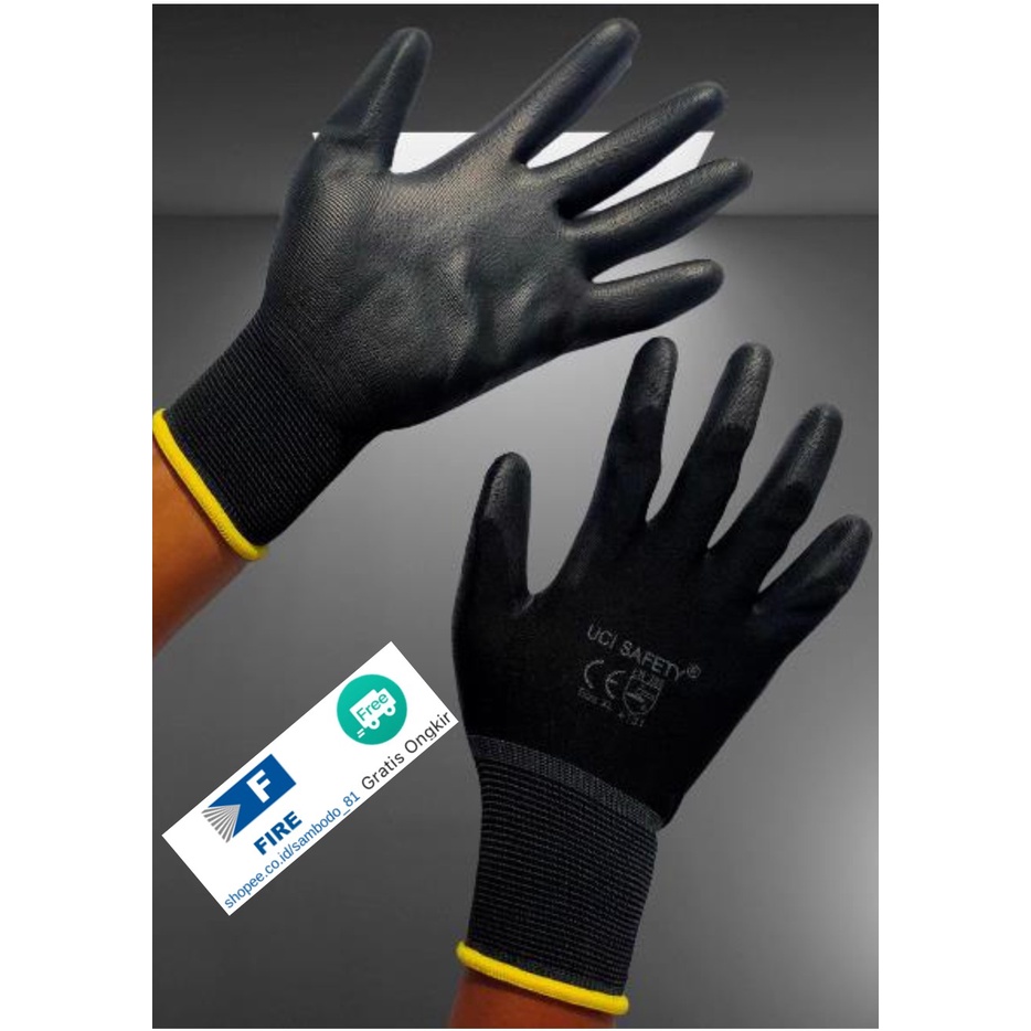 Sarung Tangan Karet Palm Fit Ukuran S,M, L, XL Proyek Satpam Anti Slip Hitam Black Hand Gloves Mekanik Montir Berkebun Tukang Telapak Tangan dilapisi karet Bahan Nylon Polyester Elektronik Assembly Static Multi Purpose Industri Pabrik