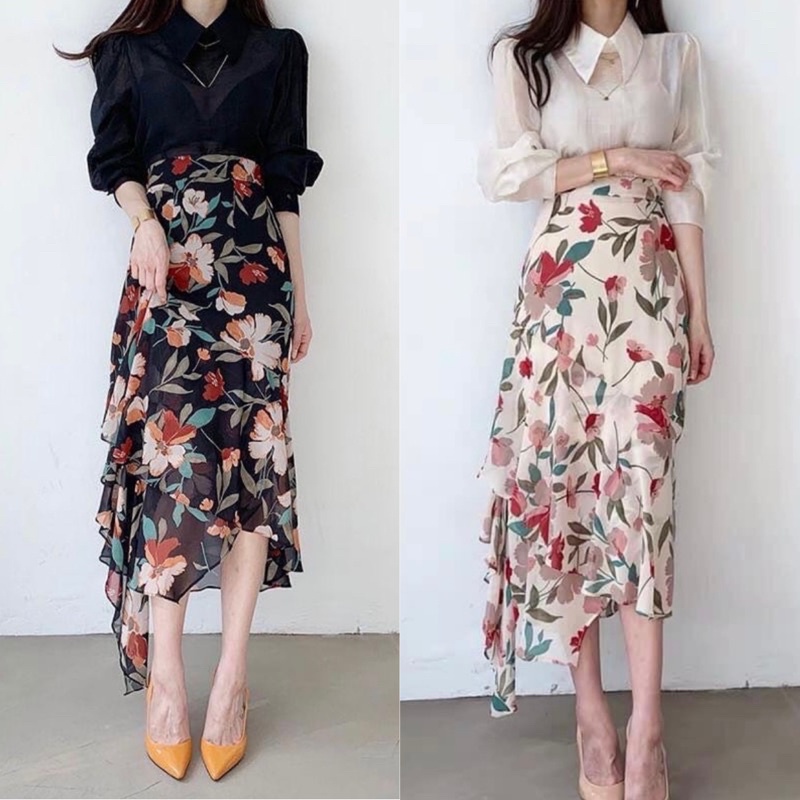 	 R0011 MOVE KOREAN STYLE FLORAL VINTAGE MIDI SKIRT - ROK WANITA CASUAL LOOK ASYMMETRIC	