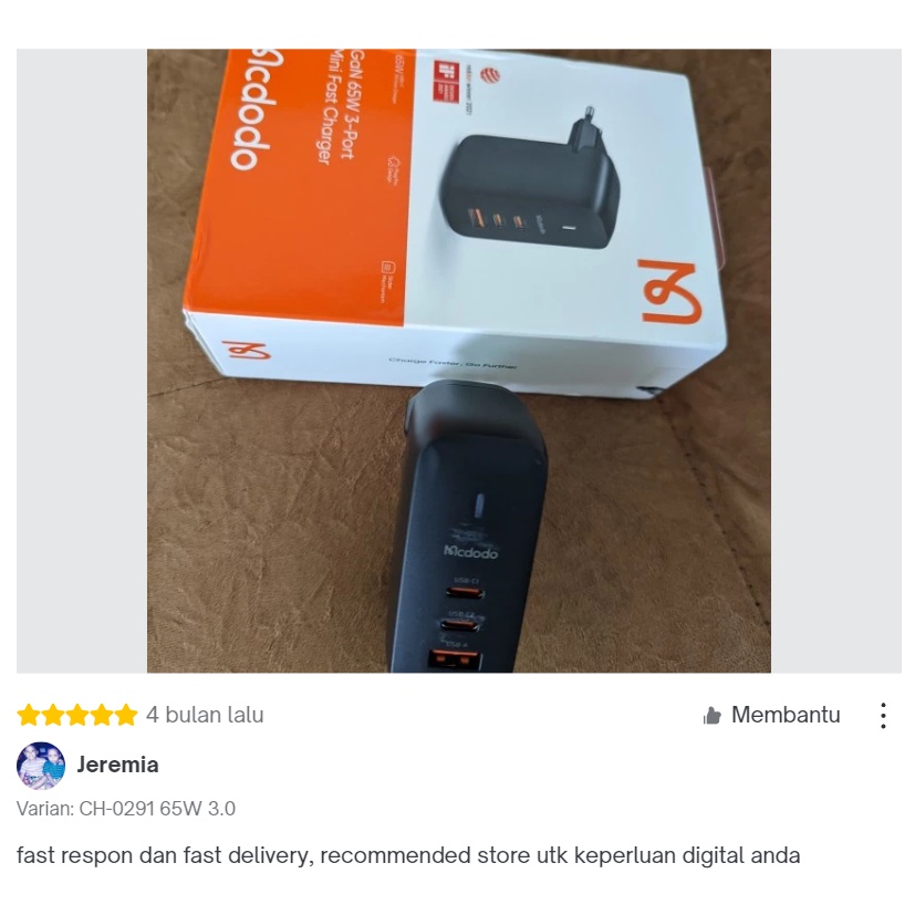 MCDODO CH-0291 Adaptor Charger GAN 3.0 FAST Charge 65W PD Type C USB