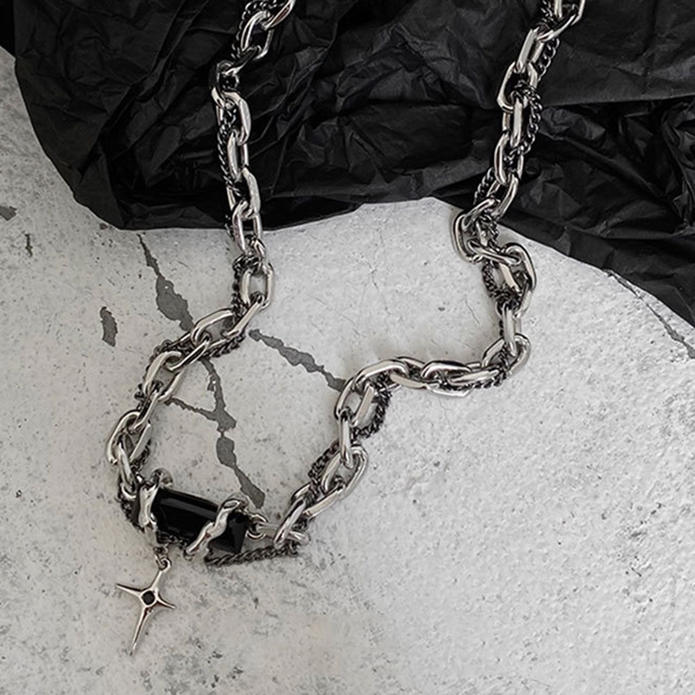 Kalung Rantai titanium steel Liontin Salib Hias Batu Hitam Gaya Punk hip Hop Untuk Wanita