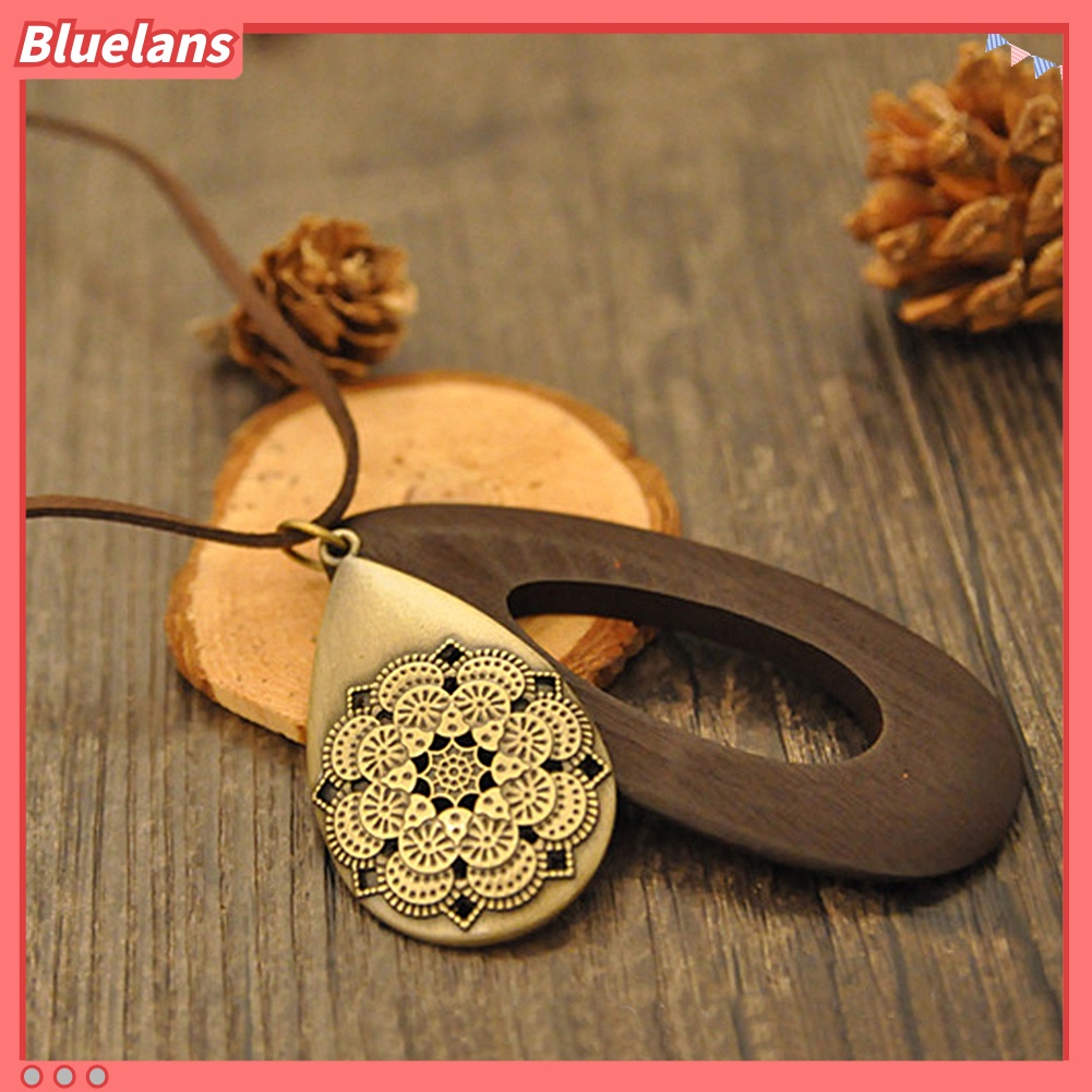 Bluelans Kalung Tali Velvet Dengan Liontin Kayu Bentuk Tetesan Air Model Vintage Untuk Wanita