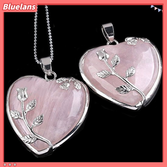 Bluelans Women Rose Quartz Alloy Flower Necklace Pendant Heart Inlaid Charm Jewelry