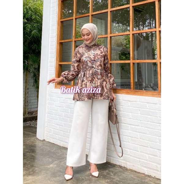 atasan batik wanita kekinian blus batik kancing depan lengan balon by batik aziza