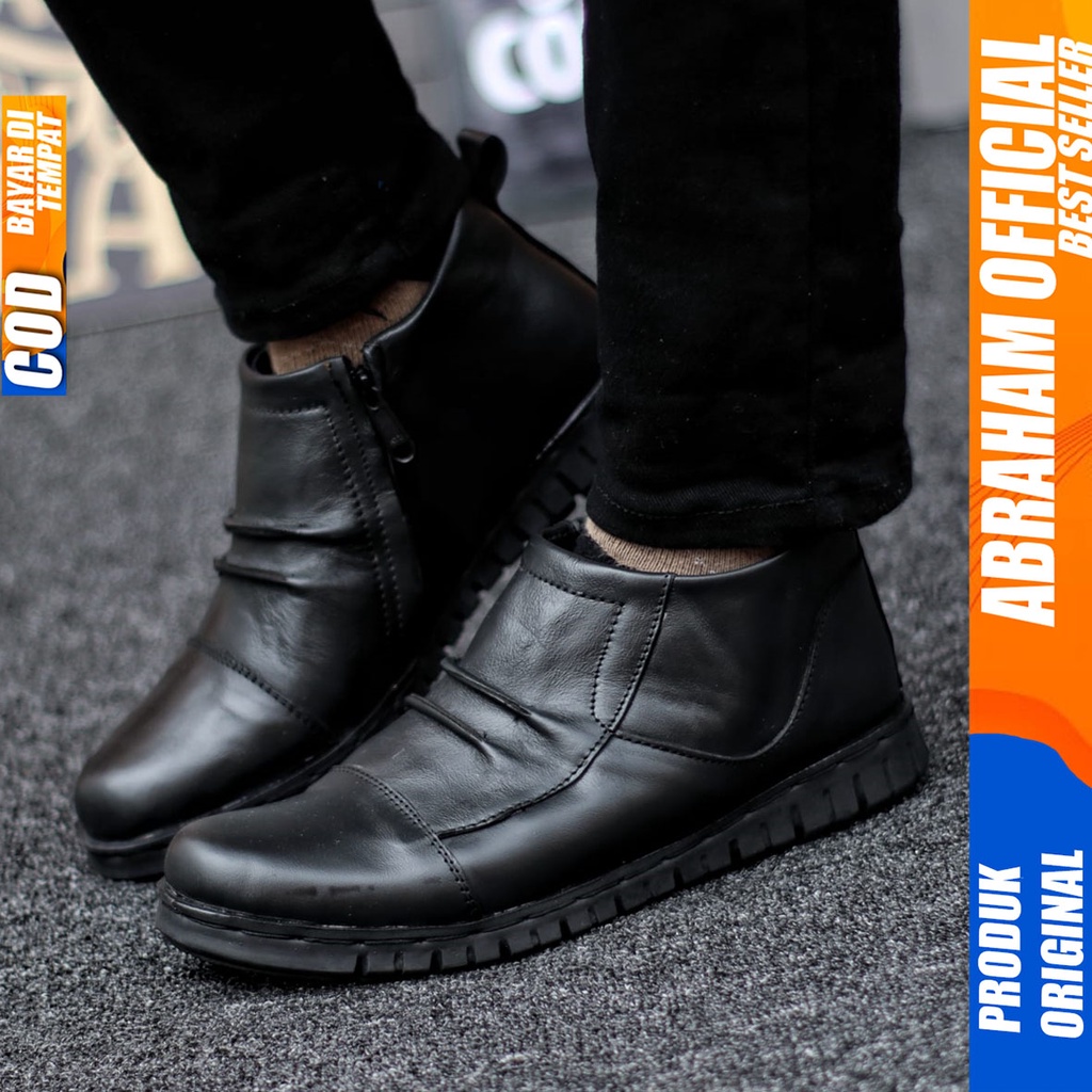 Sepatu Pantofel Tinggi Boot Sleting Kulit Asli Original Formal Hitam Pria Abraham Warka