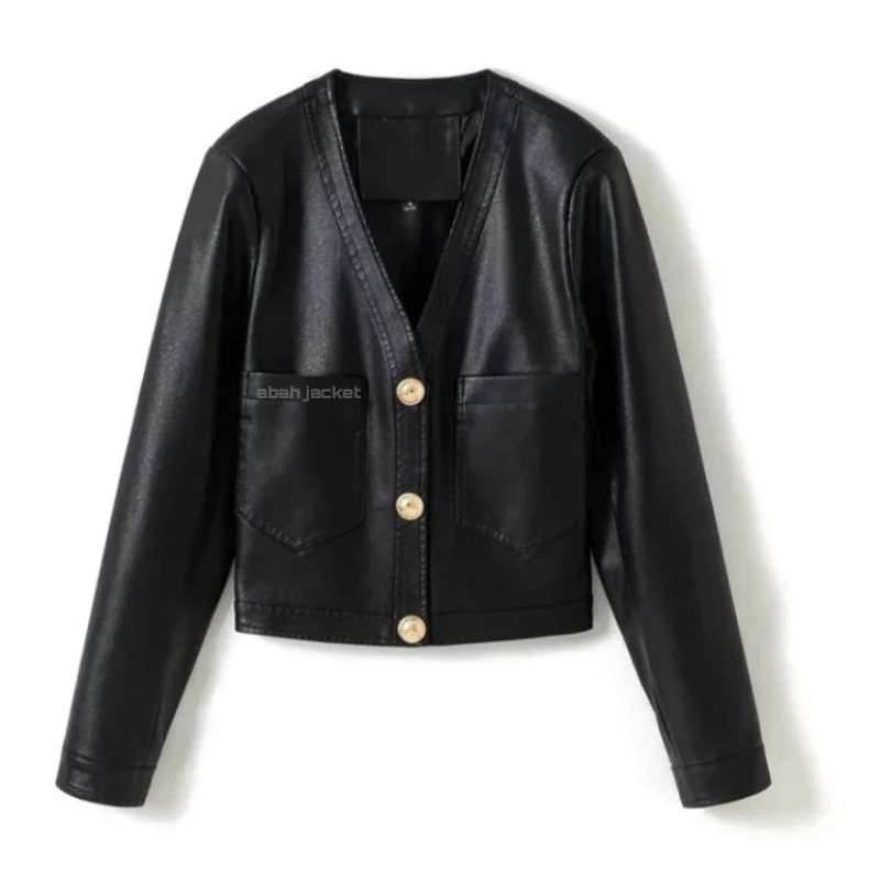 Jaket Blazer Kulit Hitam Wanita Crop