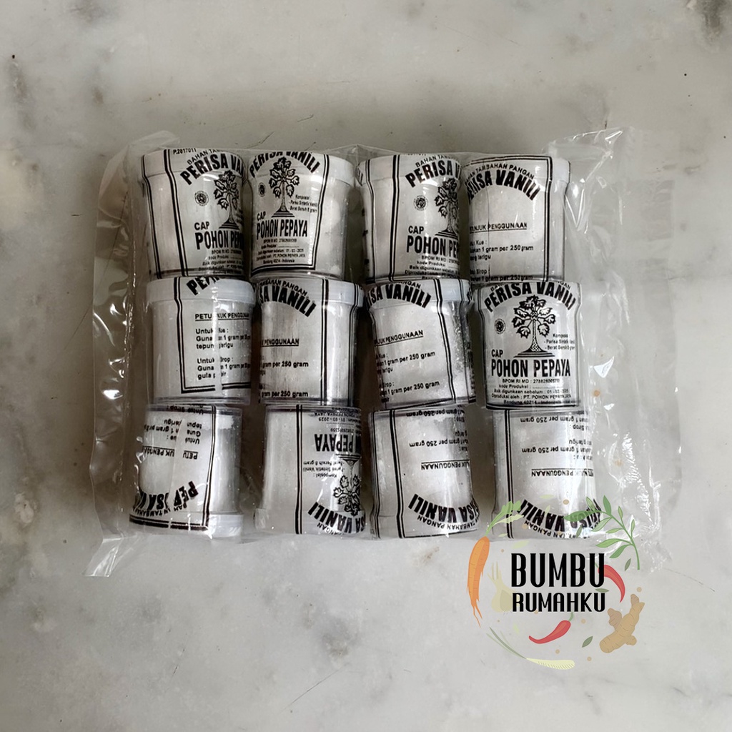

Perisa Vanilli / Vanilla Bubuk / Vanilla Powder cap Pohon Pepaya [paket 12 botol; 8 gram per botol]