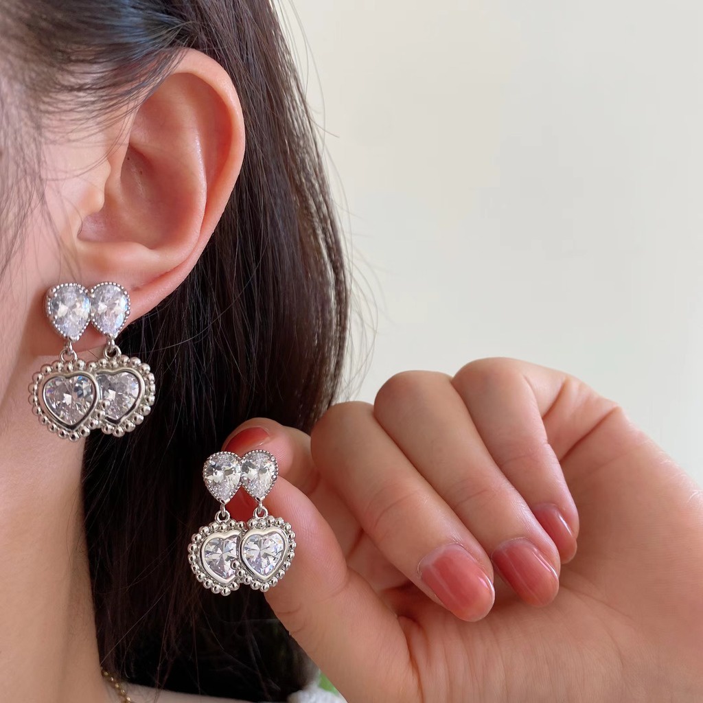 Anting Zircon Bentuk Hati Ganda Untuk Aksesoris