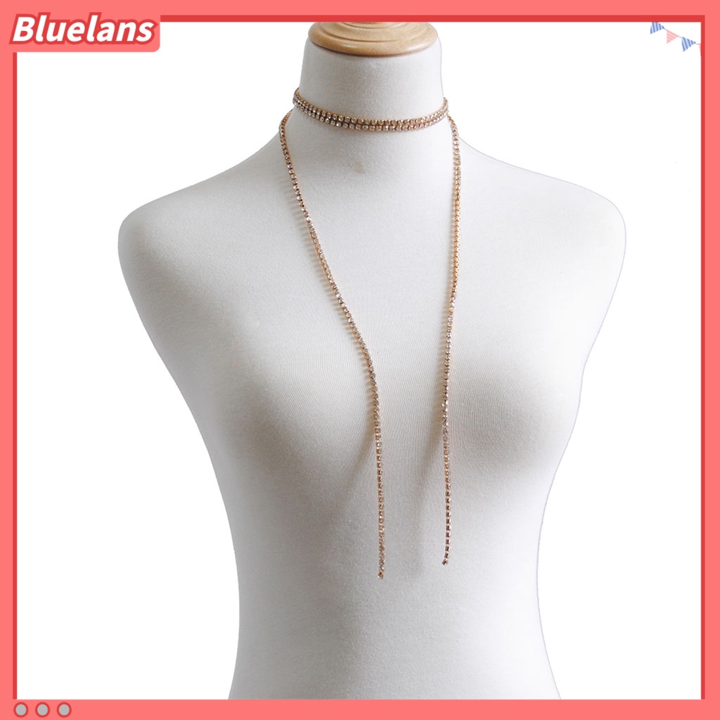 Bluelans Necklace Rhinestone Inlaid Tie Up Women Long Shiny Choker Necklace Jewelry