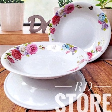 PROMO 3.PCS PIRING MAKAN CEKUNG MOTIF ROSE BAHAN MELAMINE WARE TEBAL ANTI PANAS