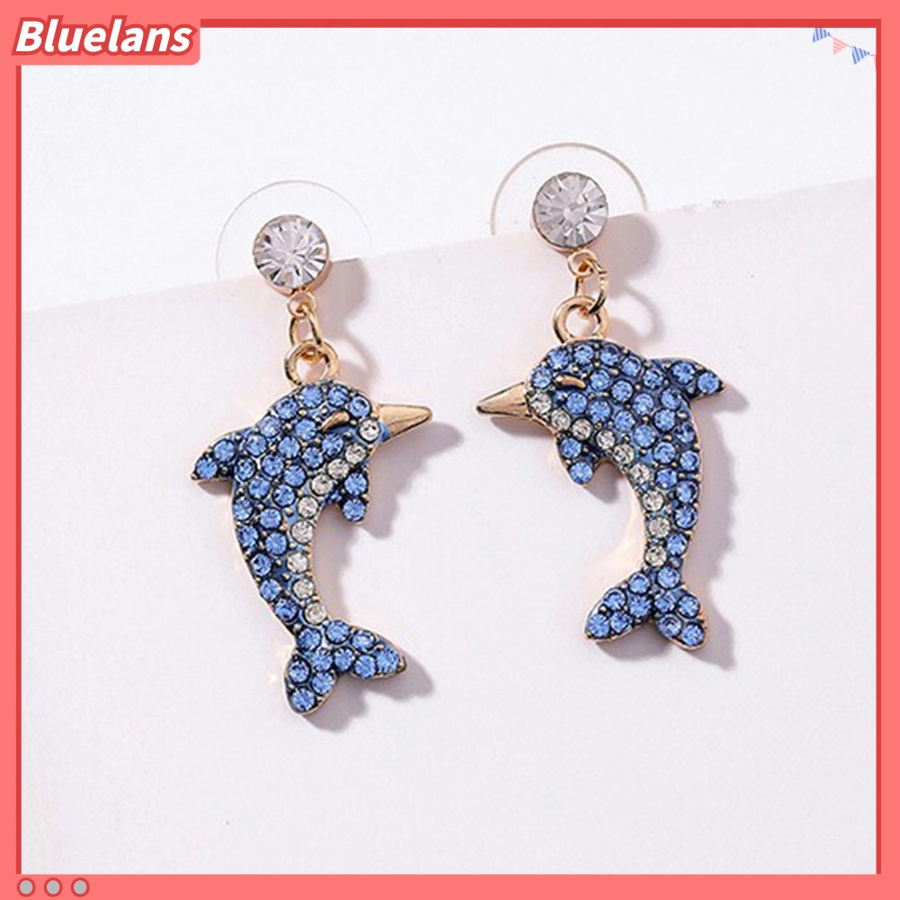 Bluelans Cute Dolphin Shape Shiny Full Rhinestone Inlaid Women Stud Earrings Jewelry Gift