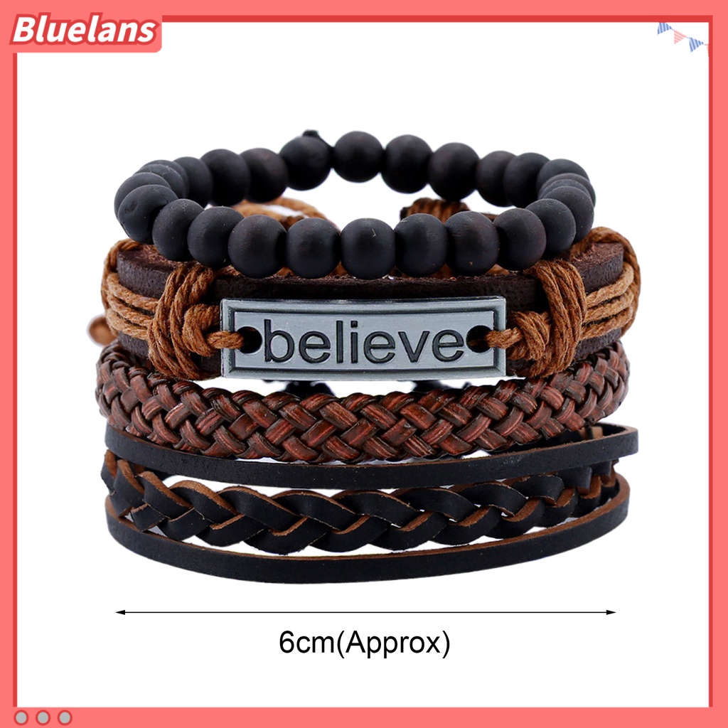 Bluelans 4Pcs Men Fashion Adjustable Faux Leather Braided Rope Believe Letters Beaded Bracelet