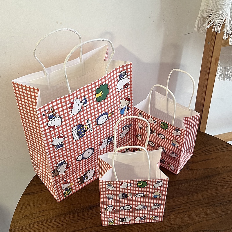 Tas Penyimpanan Kertas Portabel Motif Kartun Kucing Kotak-Kotak Warna Merah Untuk Hadiah