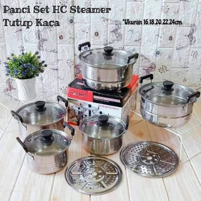 Panci Set Stainless Steel HC Tutup Kaca With Steamer 2 pcs Panci Set Stainless 12 Pcs