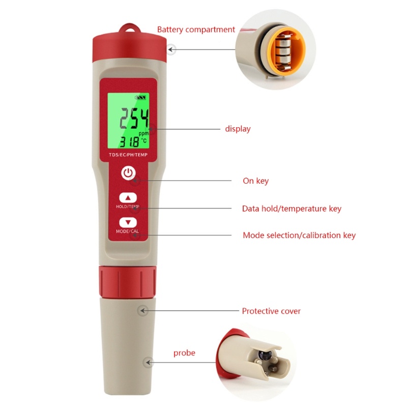 Zzz Alat Tester Kualitas Air Digital 4 in 1 PH / TDS / EC / Temperatur Dengan Backlight