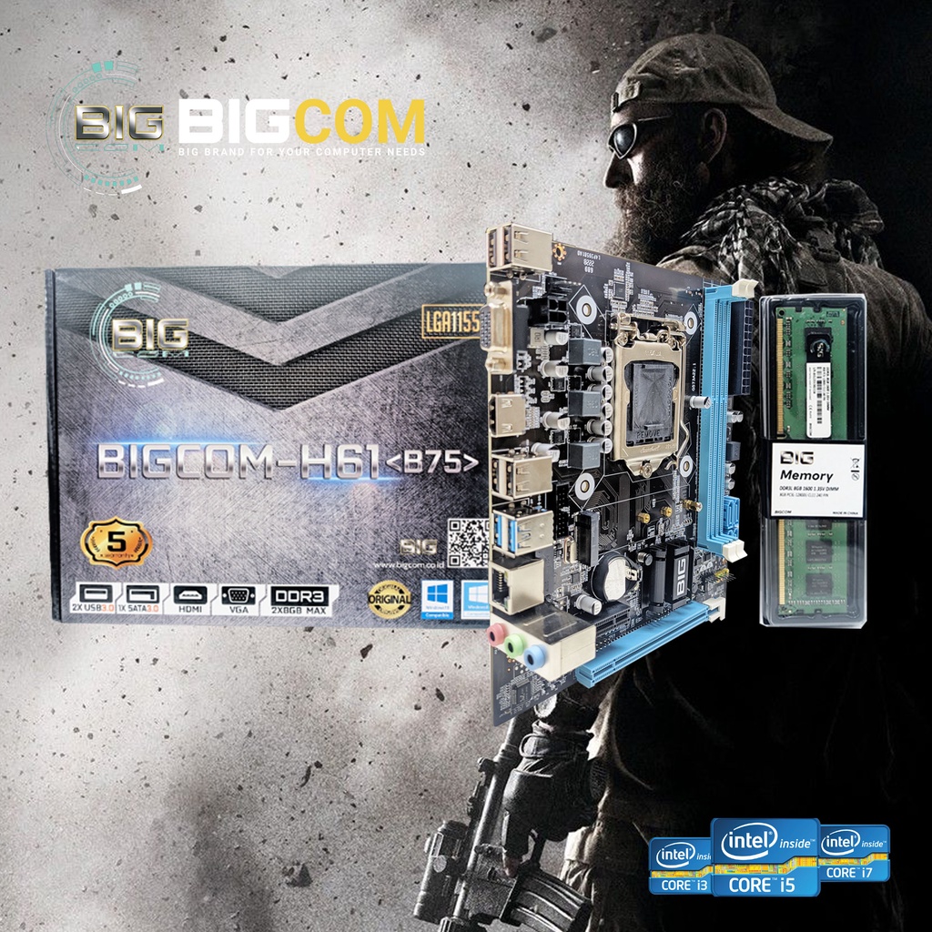 Promo Murah Paket Motherboard H61 BIGCOM + Proc core i3 2100  3.1Ghz + Ram Ddr3 4Gb - 8Gb