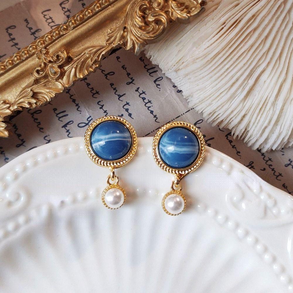 Mxbeauty Anting Danube Biru Tren Baru Retro Mutiara Imitasi Temperamen Pengadilan Gaya Korea Earrings