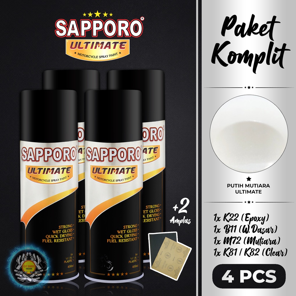 PAKET SAPPORO ULTIMATE PUTIH MUTIARA PEARL WHITE METALLIC CAT SEMPROT 400 ML CAT MOTOR AEROSOL PYLOX