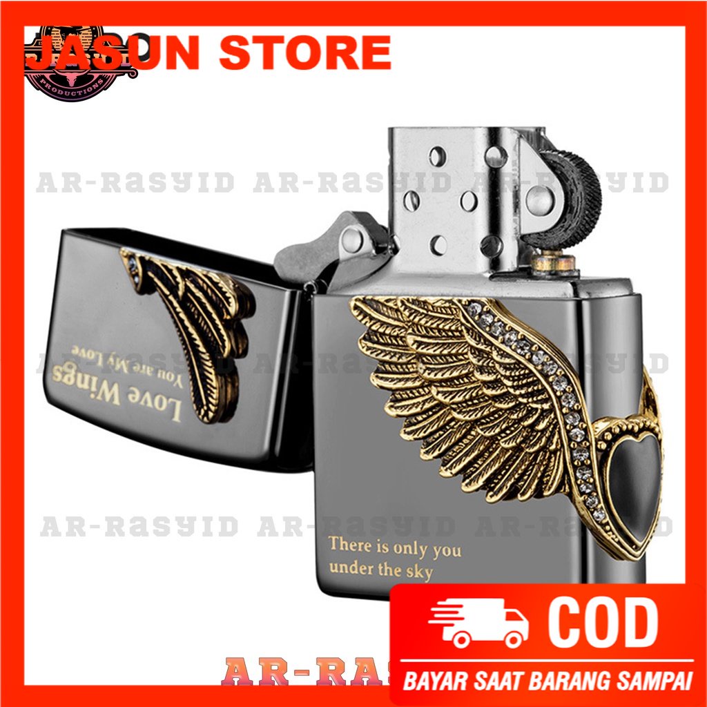 Bisa COD! Korek Api Minyak Zippo Hitam Black Ice Motif Love Wings ZBT-1-16A