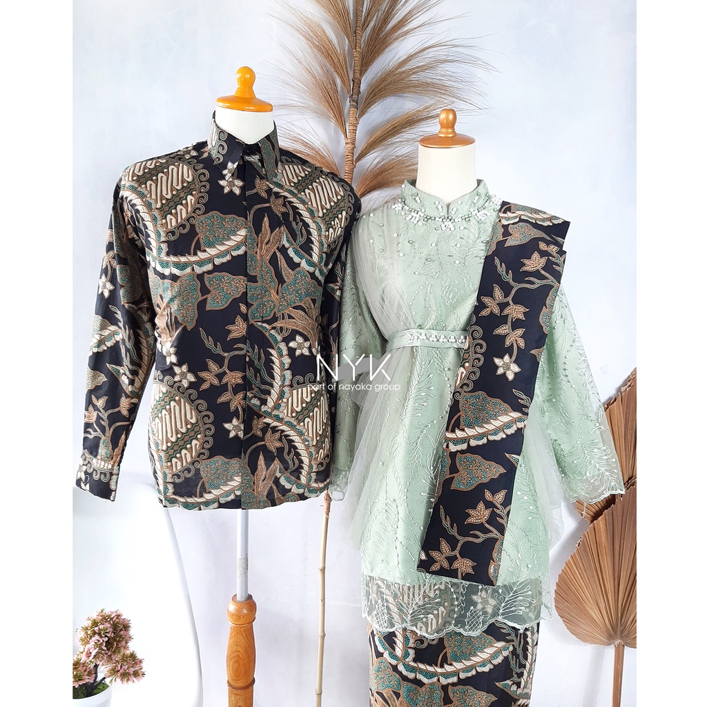 Batik Couple Brukat Tulle Mutiara Set Kebaya Couple Madina Indira - Kebaya Couple Kondangan Lamaran - Kebaya Wisuda - Seragam Bridesmaid - Couple Batik Modern