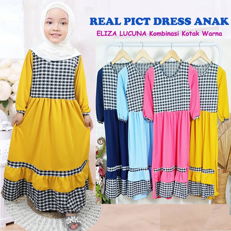 DRESS ELIZA LUCUNA KOMBINASI KOTAK WARNA ANAK 2-13 Tahun CANTIK SOLEHA GL FASHION