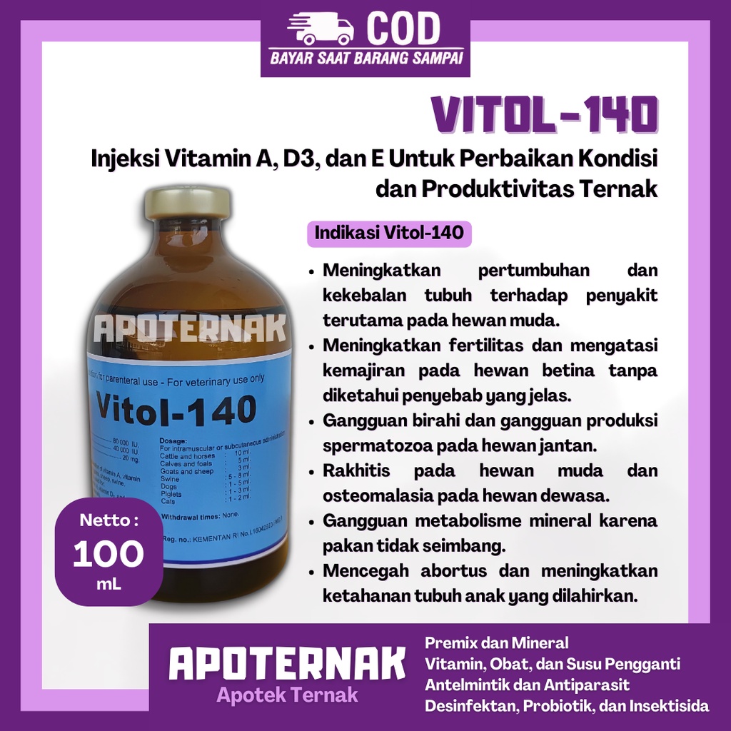 VITOL 140 |  Vitamin ADE AD3E Sejenis Lengkap - Perbaiki Kondisi dan Produktivitas Hewan | Like ADE Plex Fertilife Rheinvit Life Vit