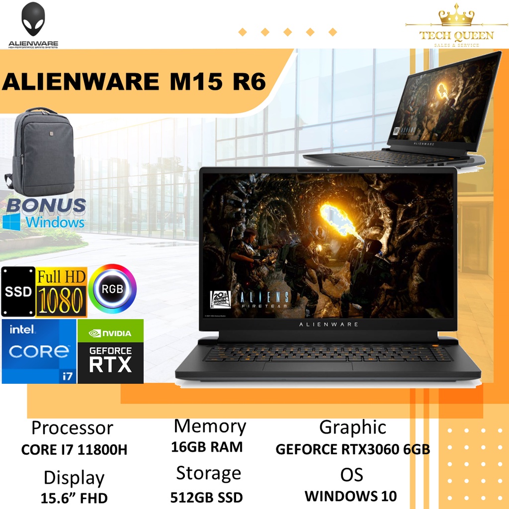 Dell Alienware M15 R6 Intel core i7 Gen 11th 16GB 512SSD RTX3060 6GB Windows 10+OHS 15.6 Inchi FHD