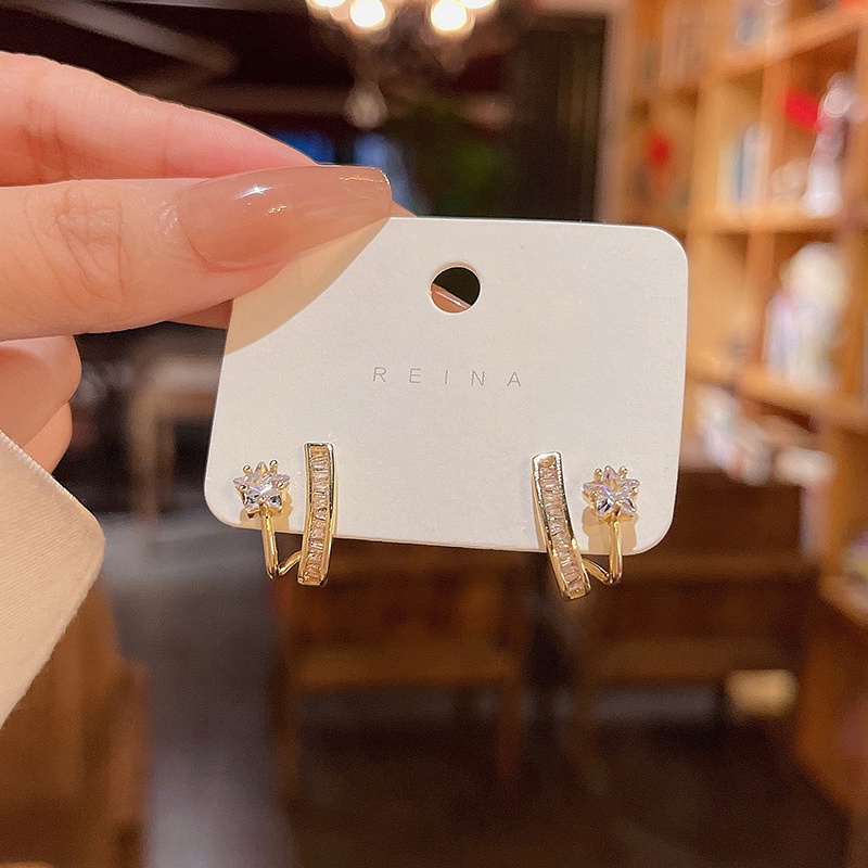 Anting Stud Desain Bintang Geometris Bahan 925 silver needle Aksen Zirkon