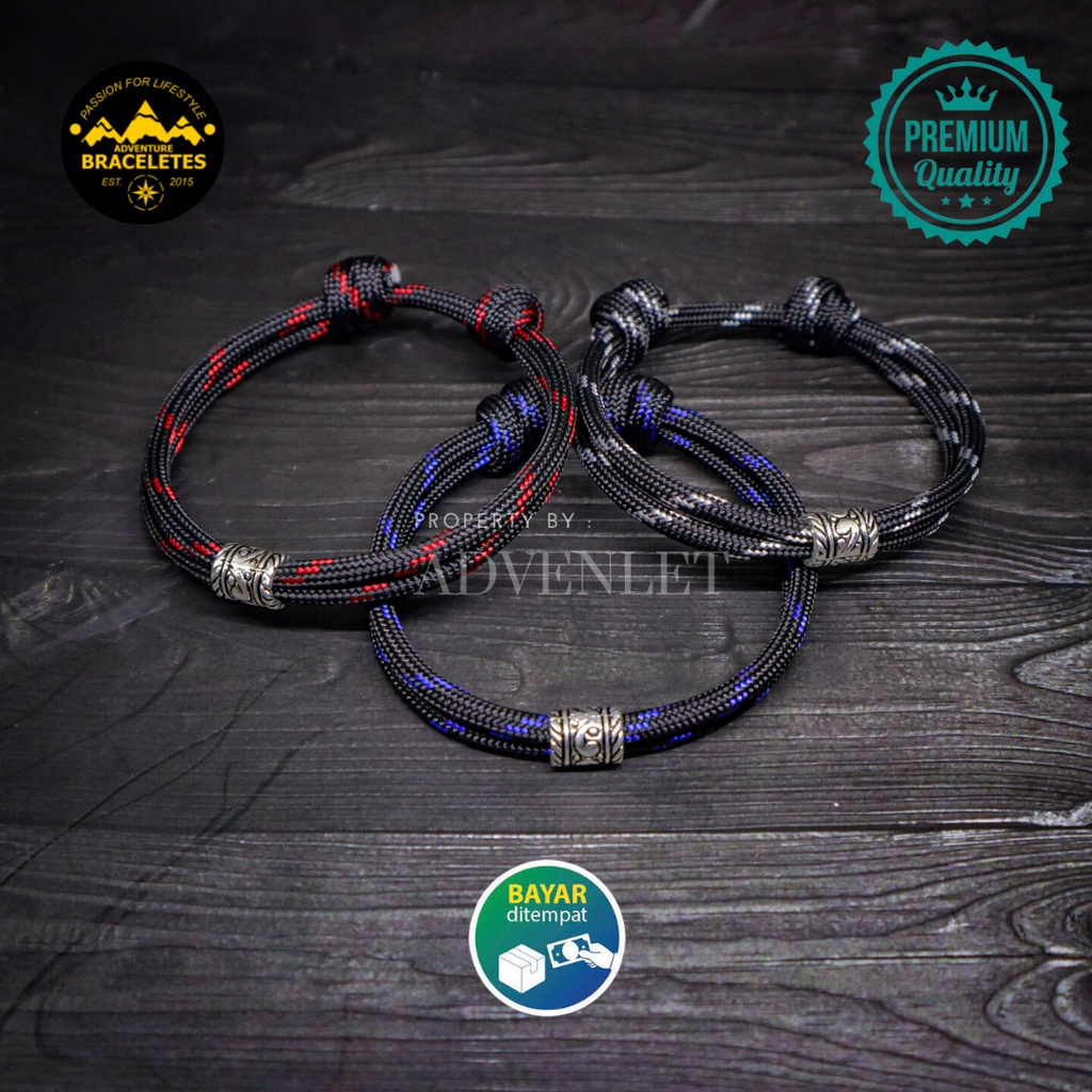 Gelang Tangan Pria Tali Paracord 550lbs 4mm 7 Strands Simple Knot Spacer Metalik Quickdry Adjustable Gelang Kapel Bracelet Cowok Premium Handmade