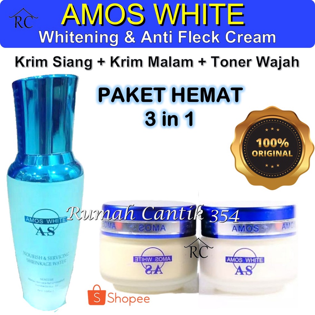 Paket Hemat 3 in 1 Amos White Day Night Cream &amp; Toner Nourish &amp; Servicing Shrinkage Water Rumah Cantik 354 Toner Amos White Perawatan Wajah Amos Skin Care