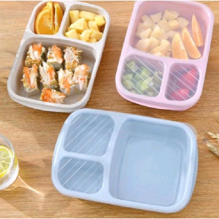 Kotak Makan Lunch Box Tempat makan Sekat 3 Tempat Bekal Bento Wadah Bekal Bento Box Warna Menarik Bahan Plastik