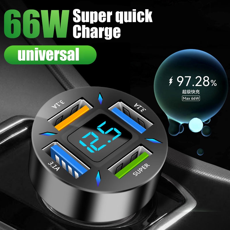 Adapter Charger Mobil 4 port USB Fast Charging Dengan Display Digital