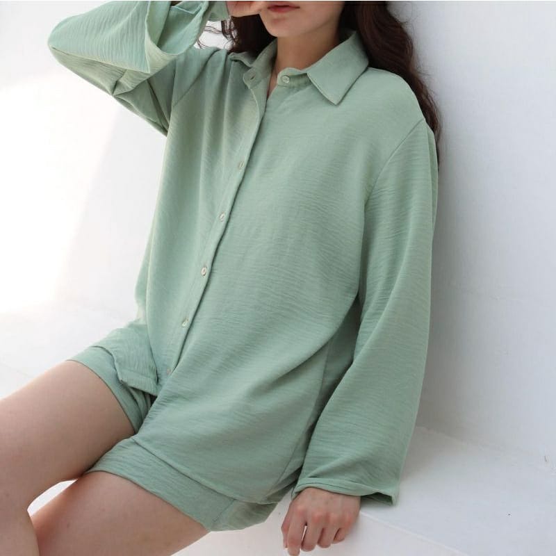 SETELAN CRINKLE TANGAN OVERSIZE /SETELAN BAJU DAN CELANA TERBARU /SETELAN CELANA PENDEK TANGAN PANJANG (BANYAK SIZE M, L, XL)