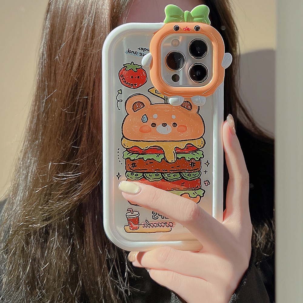 Case Pelindung 2 IN 1 Bahan Silikon Motif Kartun Beruang Hamburger 3D Untuk Iphone 14 11 12 13 PRO MAX