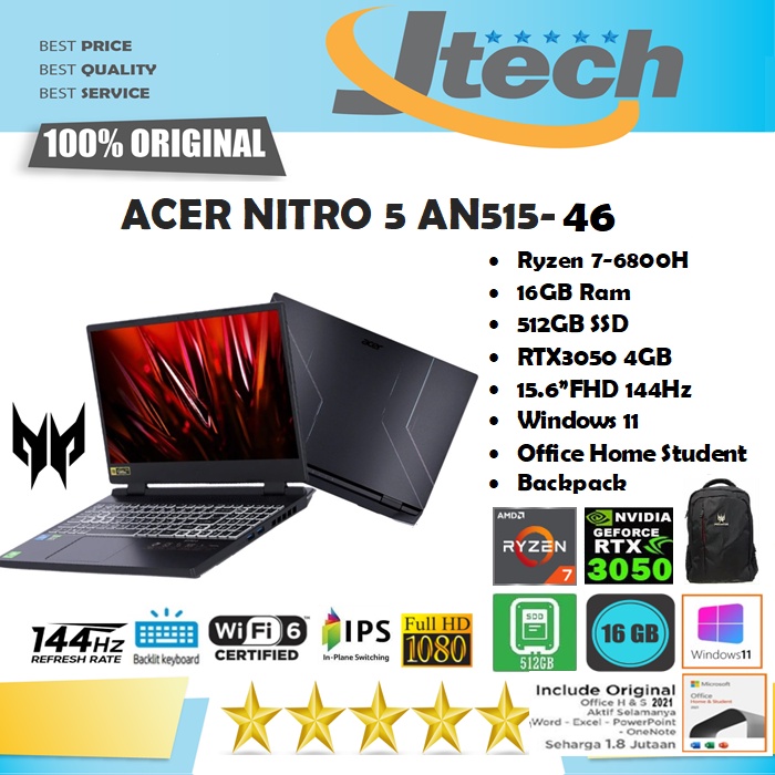 ACER NITRO 5 AN515-46 - RYZEN 7-6800H - 16GB - 512GB - RTX3050 4GB - 15.6&quot;FHD IPS 144Hz - W11 - OFFICE HOME STUDENT