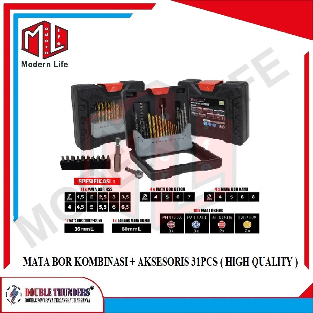 Mata Bor Set 31pcs Besi Beton Kayu + Mata Obeng Scewdriver Bit Set DT