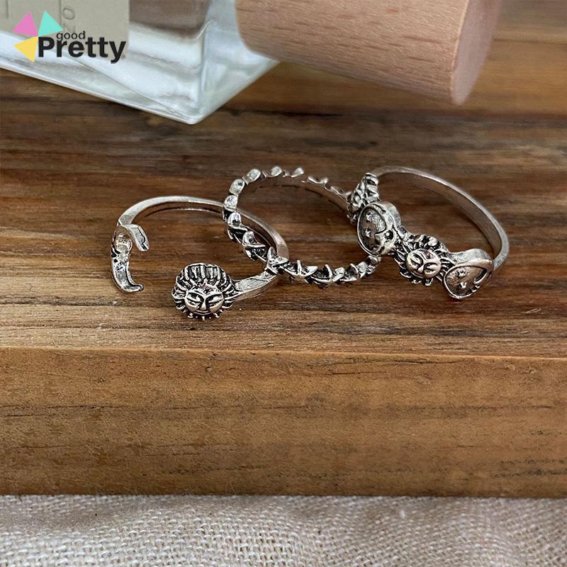 Cincin Gabungan Terbuka Kreatif Retro Star Moon 3-piece Set Cincin - PD