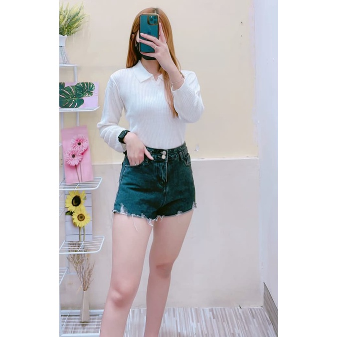 Polo Knit Crop Atasan rajut Wanita Berkerah Polo Lengan Panjang Terbaru