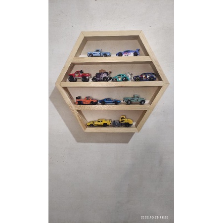 rak hotwheels hexagonal kayu jati belanda