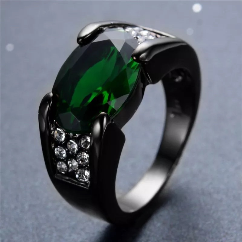 Cincin Batu Zamrud Sintetis Hijau Botol Cubic Zirconia Ring Black Platted Mewah Minimalis