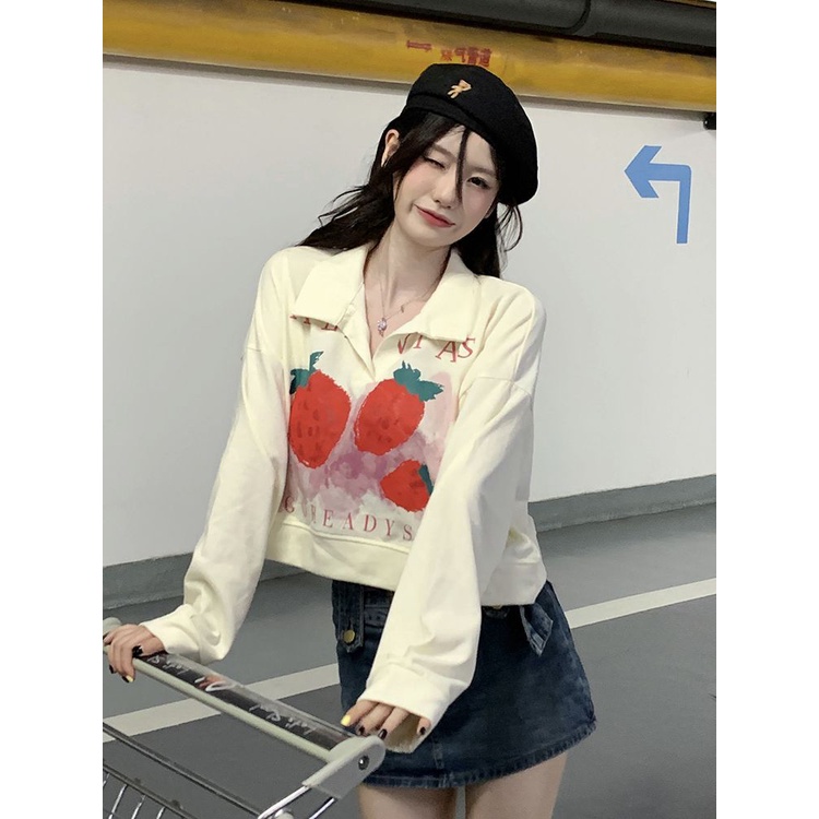 Nico##Strawberry PrintingpoloKerah Lengan Panjang Sweater Longgar Tipis Pendek Top
