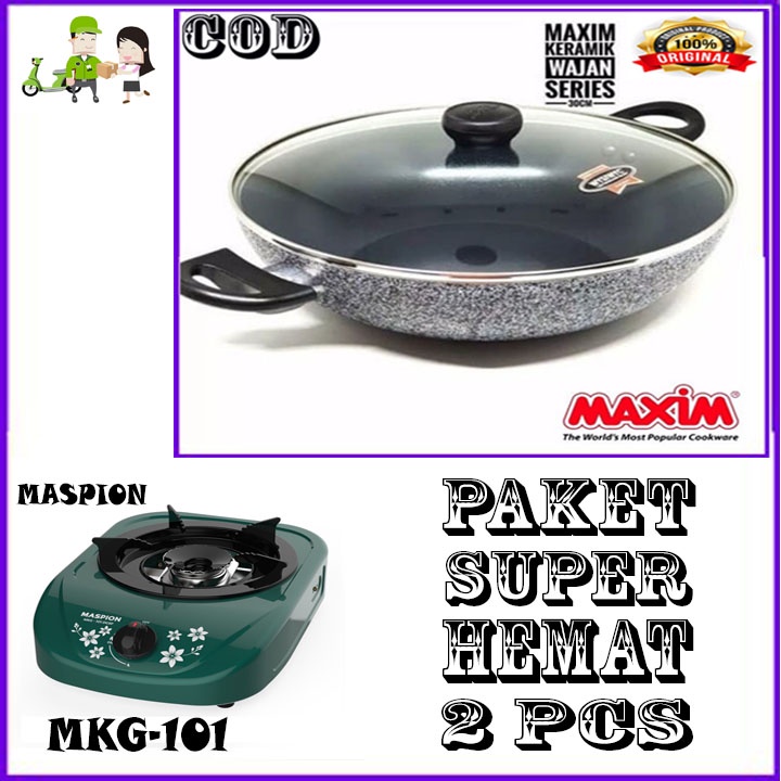 MAXIM CERAMIC WOK 30 CM TUTUP KACA ORI + KOMPOR MKG-101 BERGARANSI RESMI