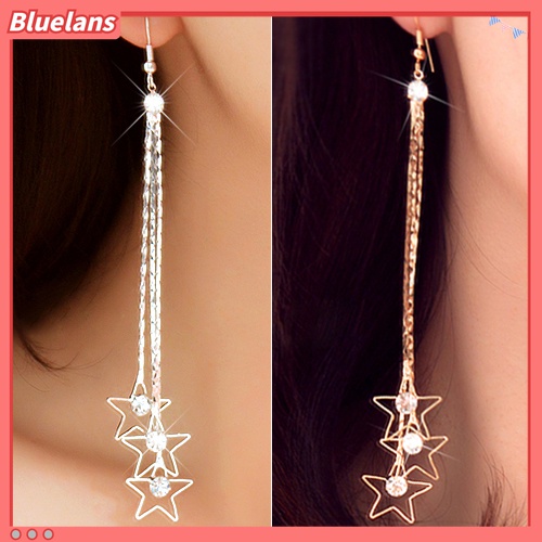 Anting Rantai Panjang 3 Lapis Bentuk Pentacle Aksen Berlian Imitasi Untuk Wanita