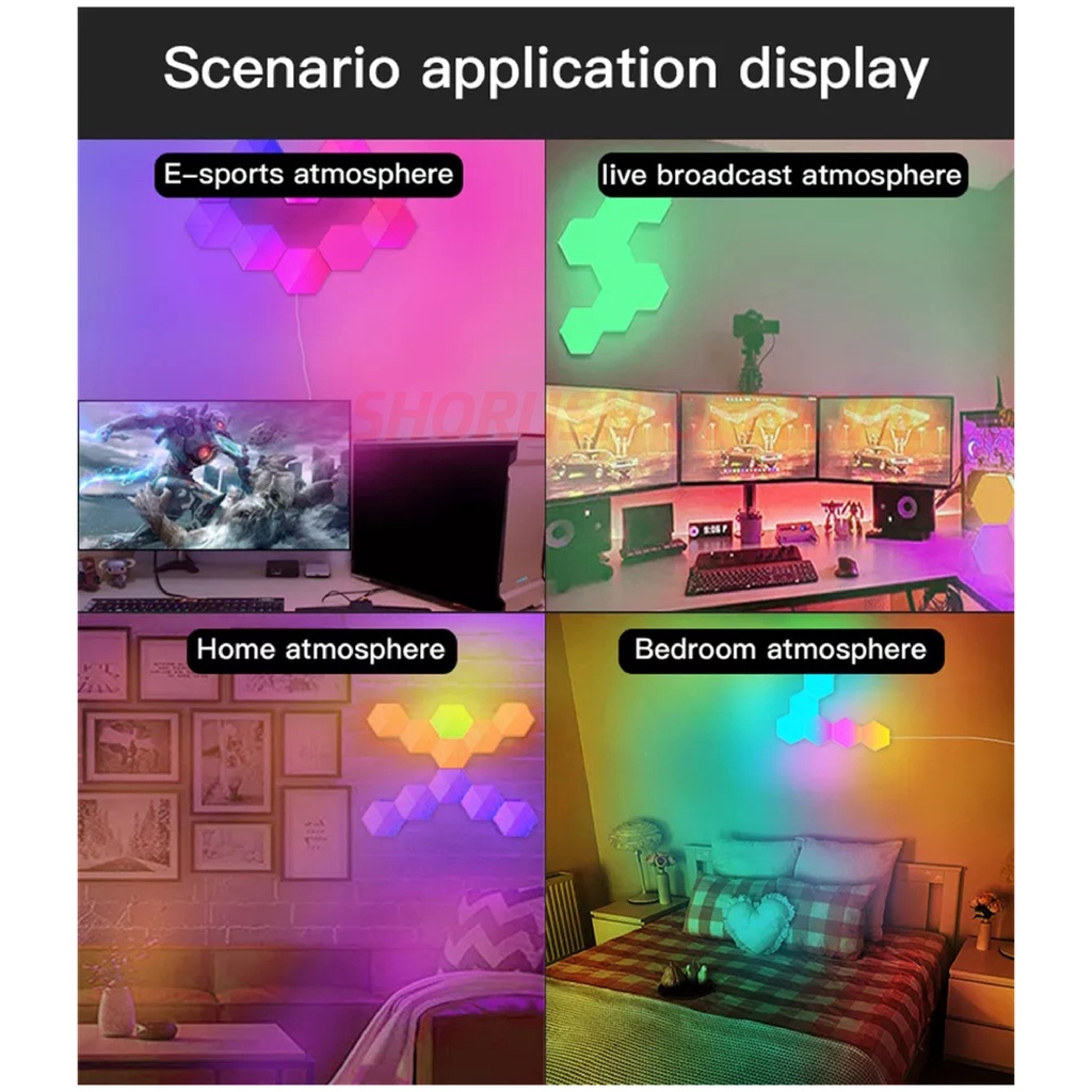 Shorush Smart Hexagonal Light LED panel RGB Auto Google Assistant for Studio Interior Gaming Workspace Ruang Tamu Kamar Tidur Lampu Dekorasi Hexagon (Home IOT Automation Google Alexa SIRI)