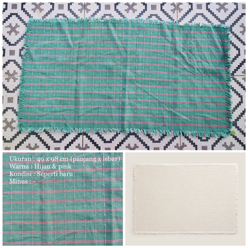 Vintage Green & Pink Fringe Tassel Cotton Katun Tenun Keset Kaki Mat Rug Tapestry Table Runner { Pre
